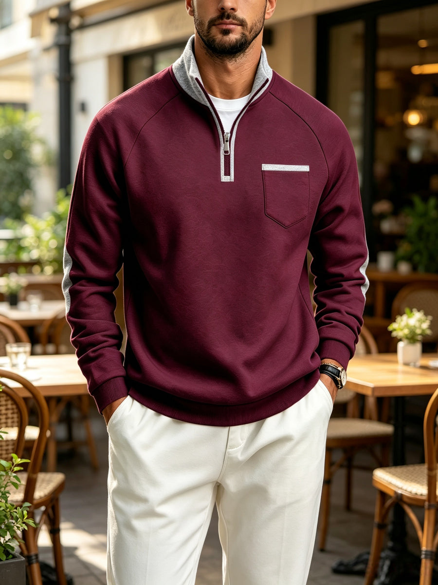 Men's Quarter Zip Stand Collar Sweatshirt, Heavyweight Color Block Pullover with Elbow Patches, Raglan Long Sleeve Tops with Chest Pocket, Lined Loose Casual Commute Outerwear, Autumn Winter Versatile Plus Size Men Clothing Multiple Colors& S - Burgundy