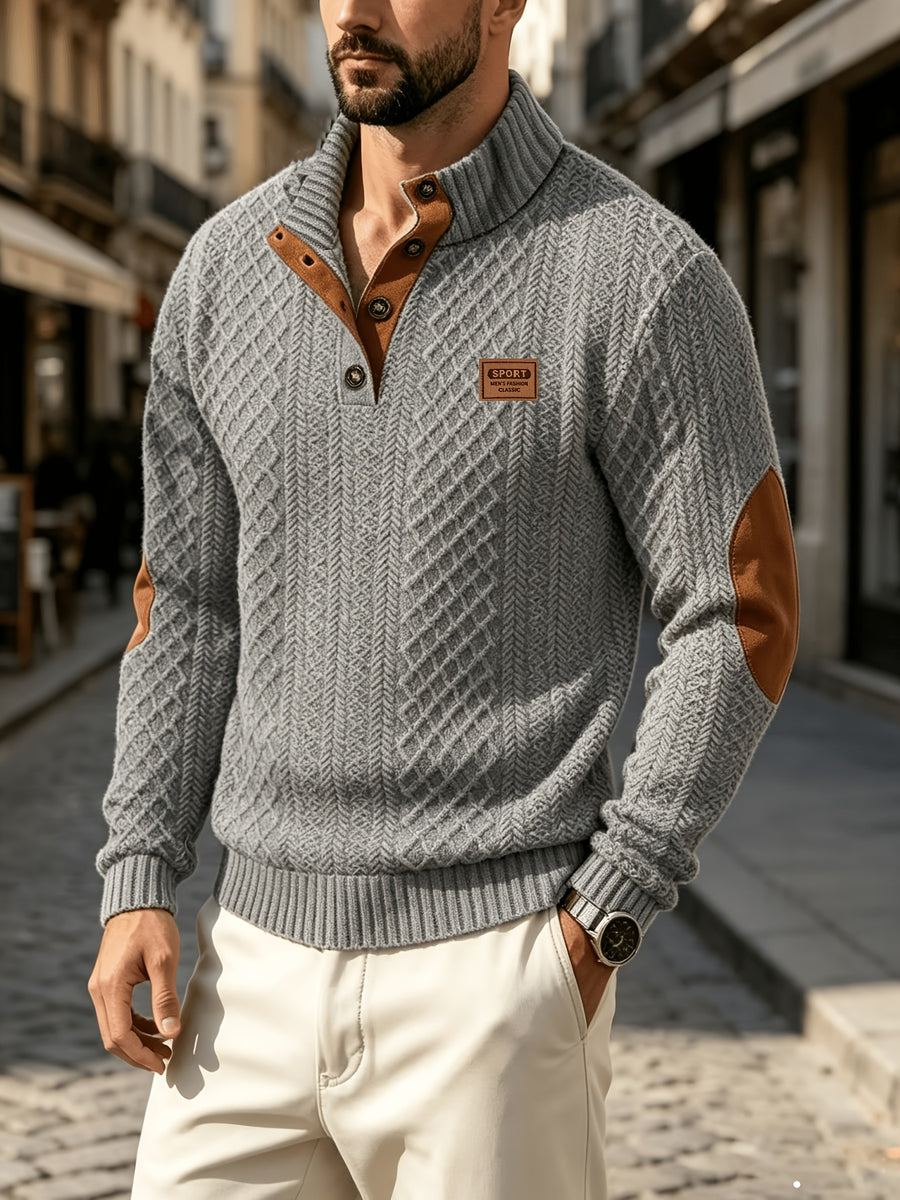 Men'S Casual Sports Sweater, Knit Sweater, American Casual Textured Diamond Knit Top, Men'S Stand Collar Contrast Color Button-Up Loose All-Match Retro Velvet Sweater Jacket, Autumn Winter Casual Sweater, Multi-Color Available - Grey