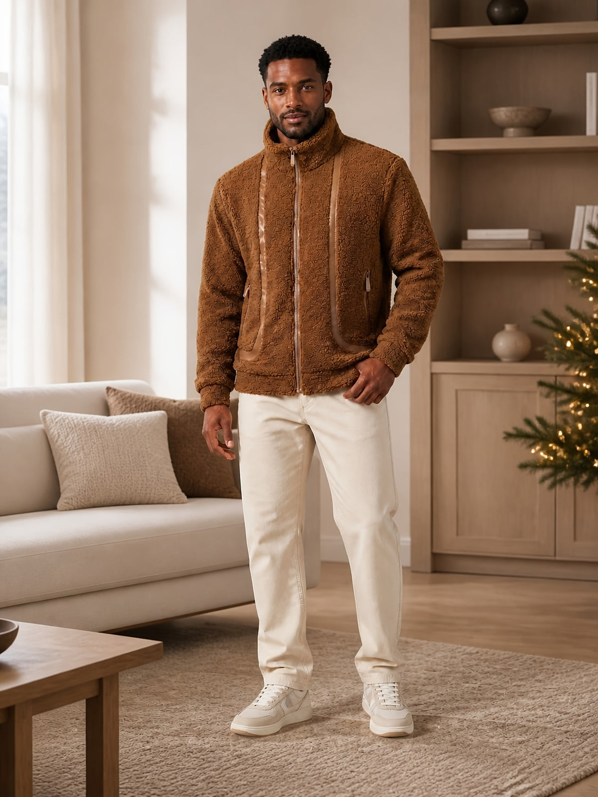 Men's Insulated Jacket, Solid Color Full-zip Stand-up Collar -lined Outerwear with Zippered Pockets, Contrast-color Trim, and Ribbed Cuffs and Hem; a Casual Jacket Suitable for Home, Daily, and Outdoor Wear, Appropriate for Spring - Camel