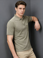 Mid-Age Men'S Washed Distressed Vintage T-Shirt Polo Shirt Top Solid Casual Top British Style with Pocket - fern green