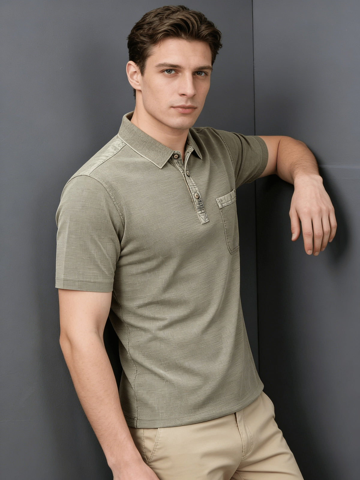 Mid-Age Men'S Washed Distressed Vintage T-Shirt Polo Shirt Top Solid Casual Top British Style with Pocket - fern green