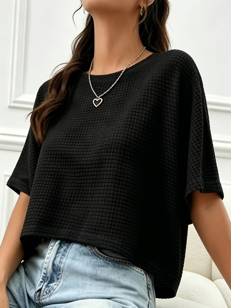 Women's Casual Loose-Fit Waffle Short Crop Crew Neck Short Sleeve T-Shirt for Daily Commuting - Black