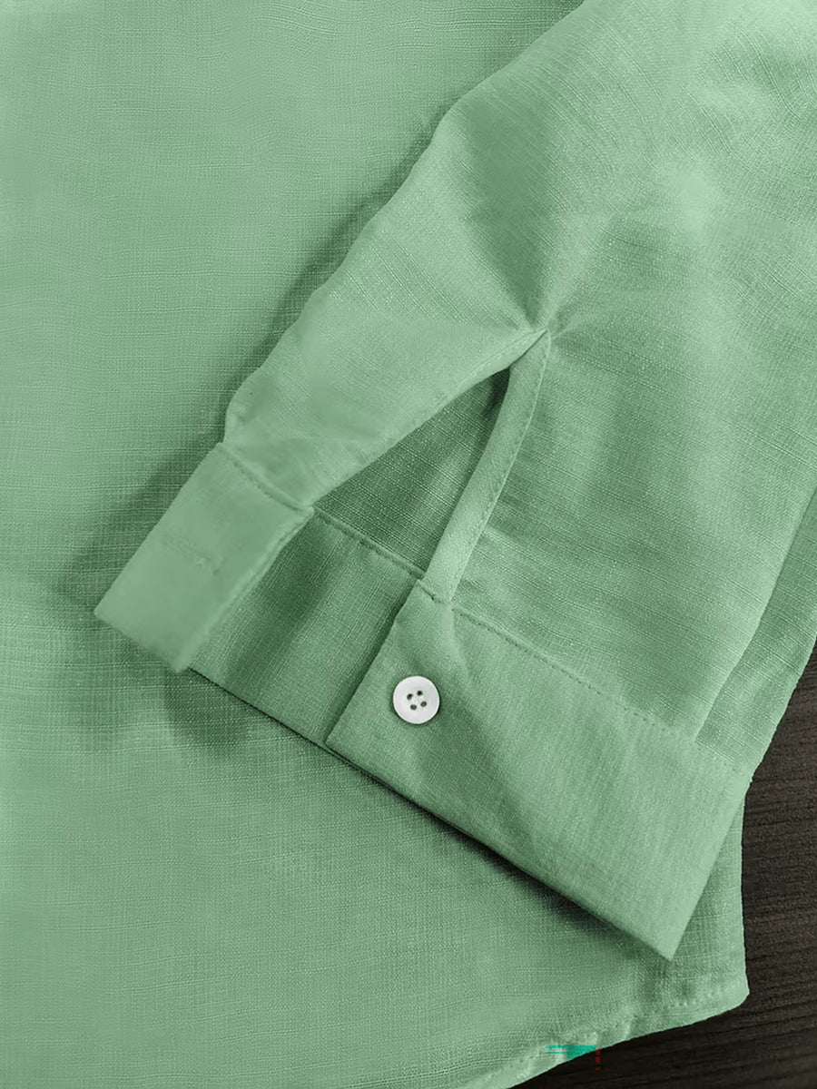 Men's New Faux Stand Collar Button-Up Shirt - Artistic, Understated, Stylish, Versatile, Relaxed Textured Trendy Loose Fit - Soft Daily Shirt Suitable for Formal and Casual Wear at the Beach, on Vacation, and in the Office - Machine Washable - Light Green