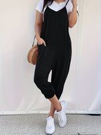Women's Fashion Solid Color Loose Suspender V-Neck Jumpsuit - Black