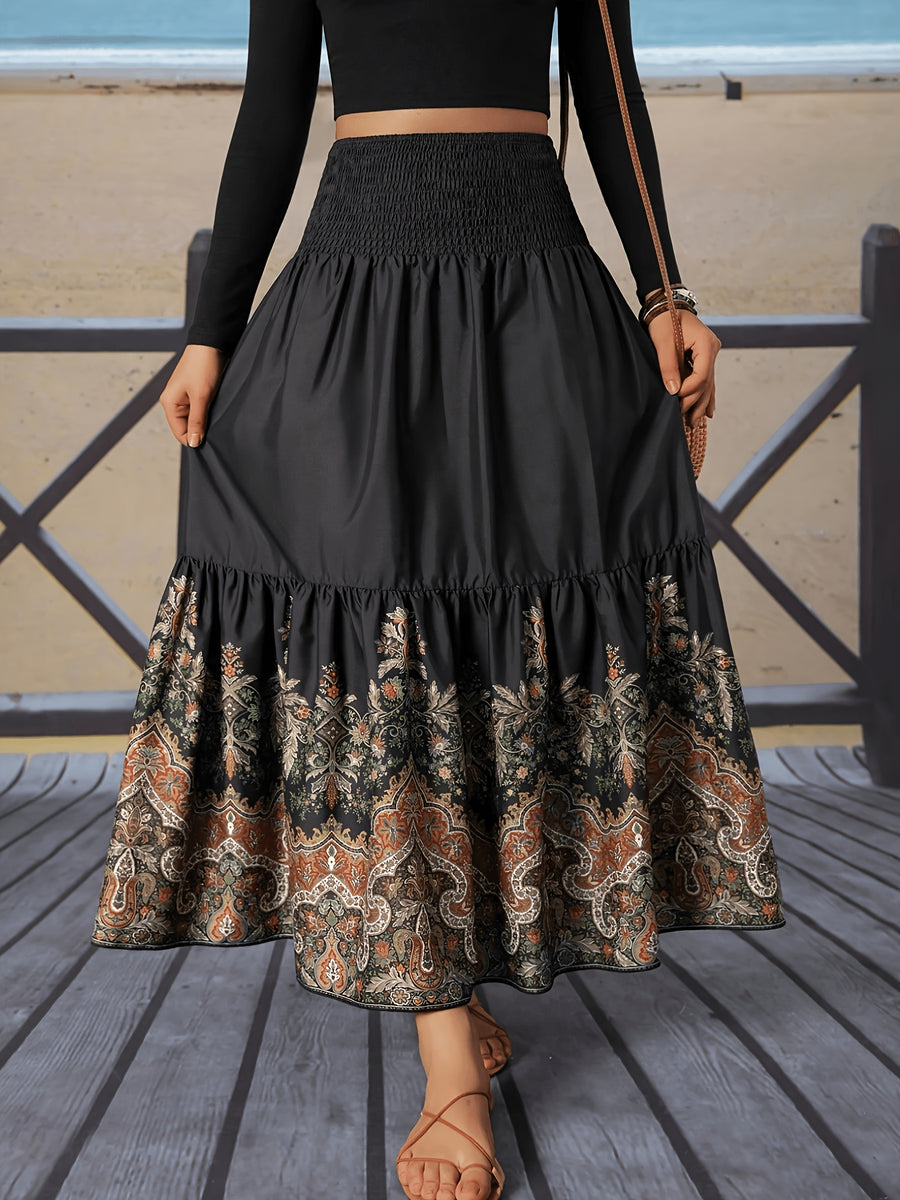 Women'S Bohemian Style High-Waist Ruffled Printed Maxi Dress, Elegant Casual Vacation Beach Style Long Black Spring Summer Fall Winter All-Season Dress - Black