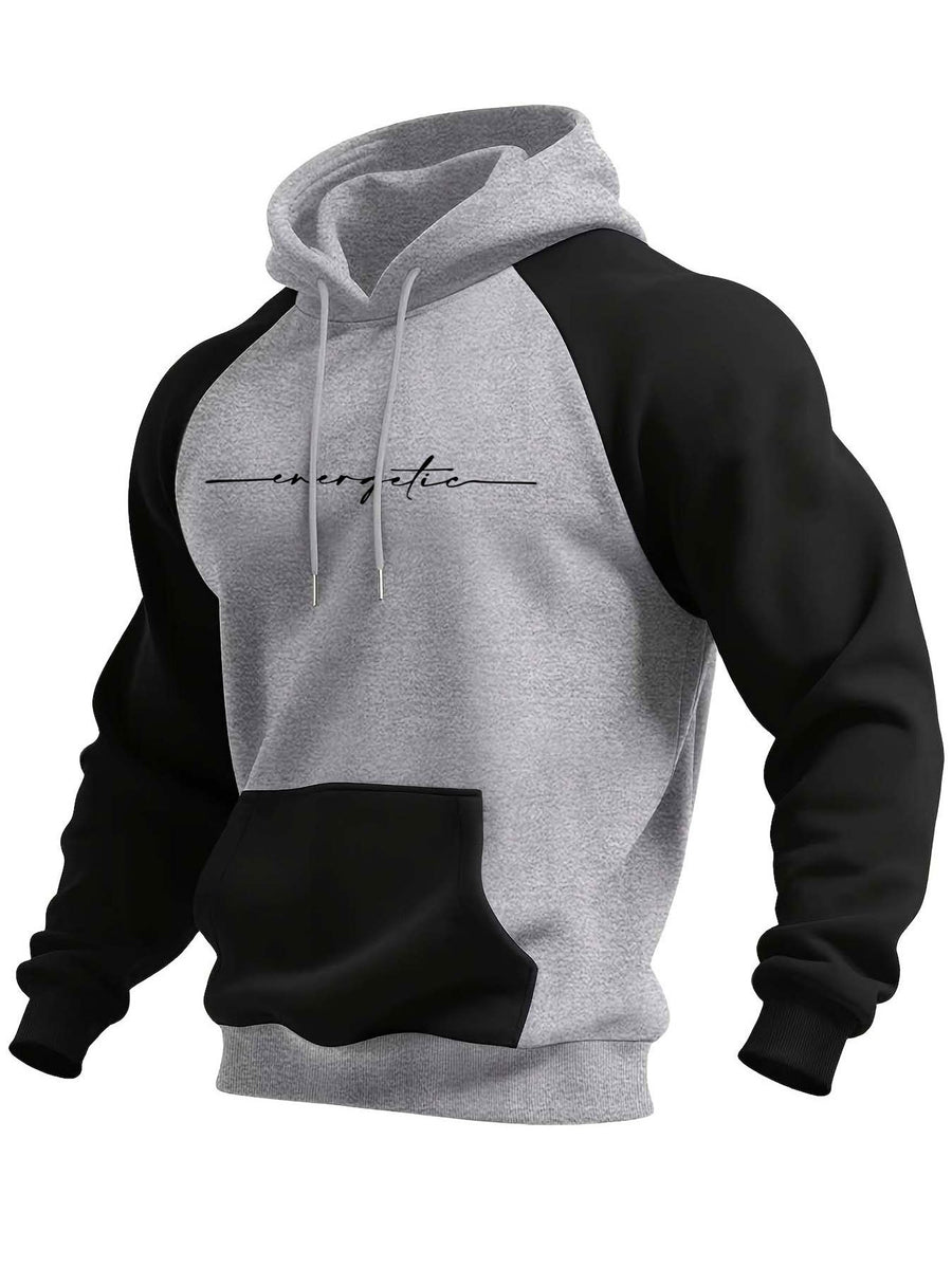 Men's Trendy Patchwork Print Hooded Sweatshirt, Casual Daily Wear Sporty Pullover, Autumn Essentials - Light Gray + Black