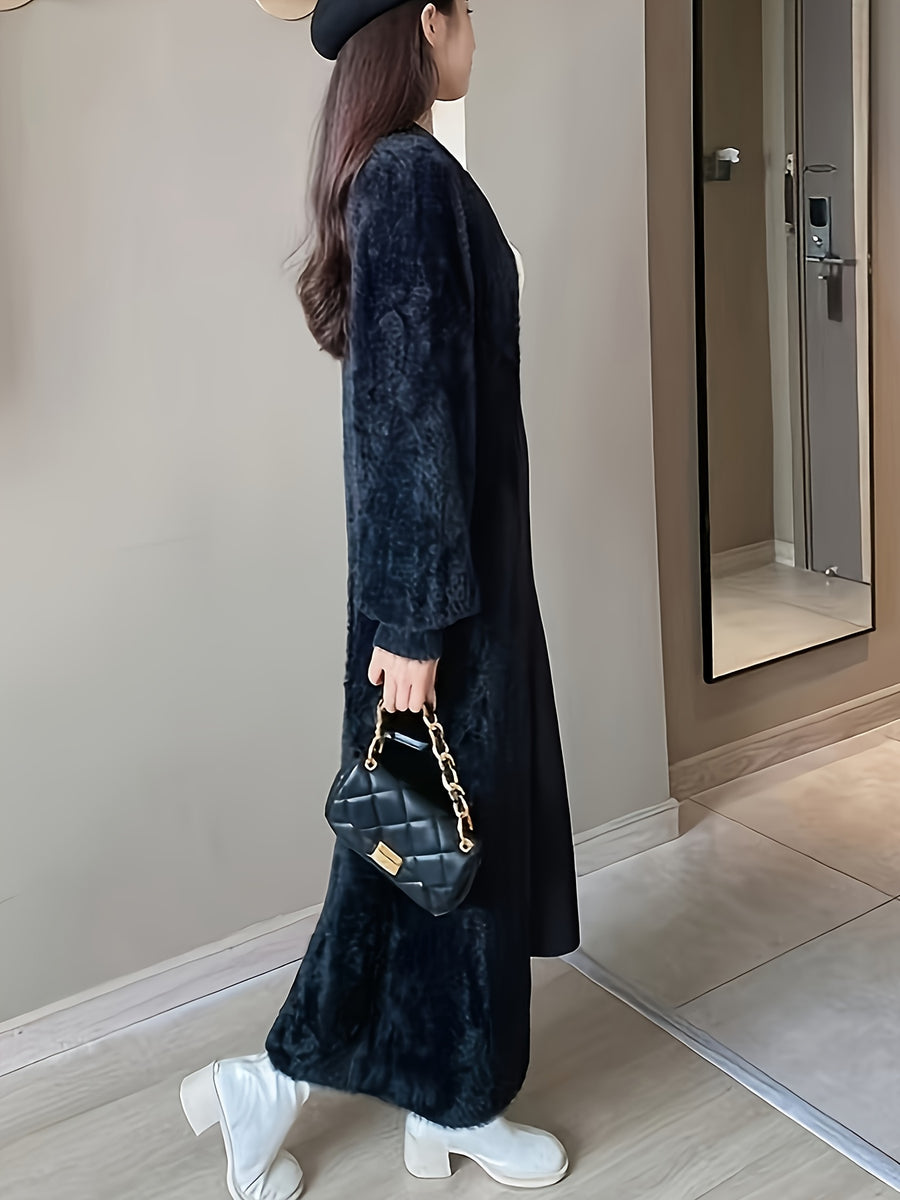 Spring 2025 Fashion Faux Mink Cardigan Sweater Coat, Mid-Length Loose Lazy Style Outerwear, Gentle And Elegant Long Over-The-Knee Cardigan Sweater - Black