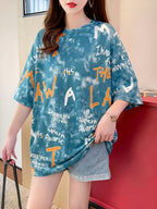 Women's Plus Size Loose Fit Cartoon Print T-Shirt - Casual Round Neck Short Sleeve Top, Breathable Medium Stretch Fabric, Long Length for Spring Summer Fall, Machine Washable, Ladies T Shirts - 301-G