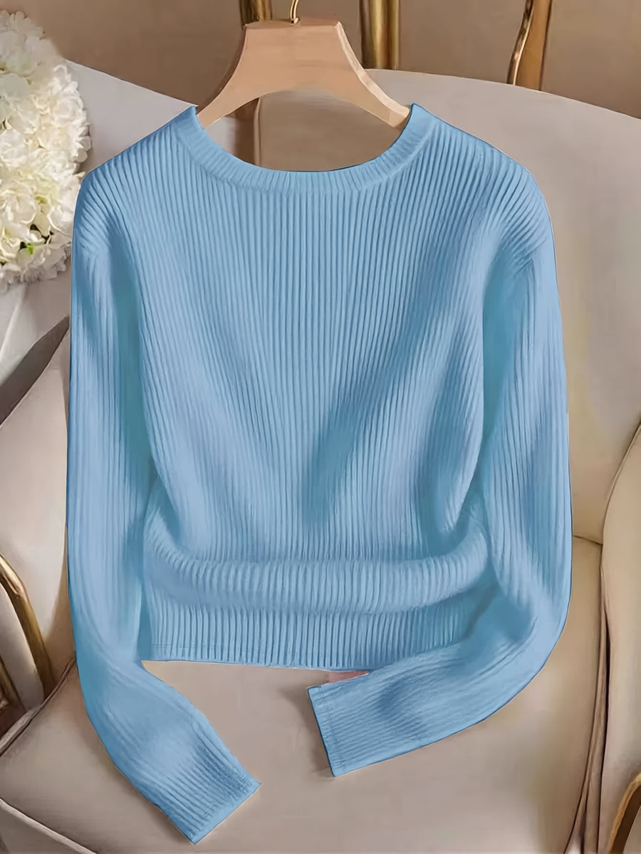 Women'S Fashion Slim Fit Crew Neck Fake Button Long Sleeve T-Shirt - Sky Blue