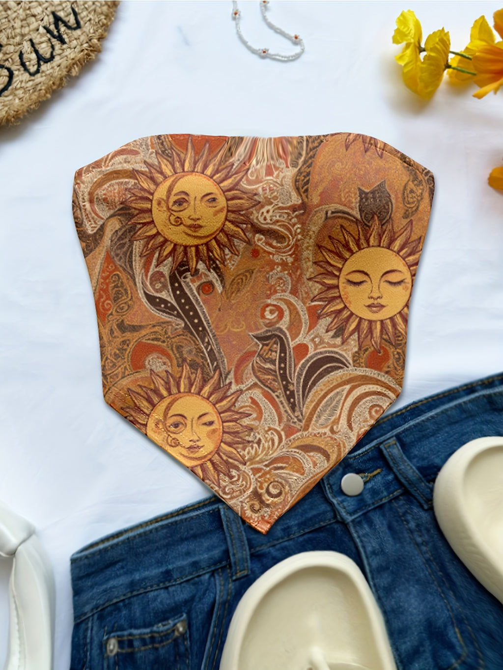 Women'S Spring/Summer New Brand Special Boho Beach Tropical Vacation Outfits | Retro Sun Pattern Print Slim Fit Bustier Crop Tops with Asymmetrical Bandeau Collar - Light Brown-1