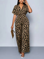 Women'S Leopard Print Batwing Sleeve Jumpsuit | Elegant V-Neck, Suitable For Spring/Summer/Fall - Leopard Print