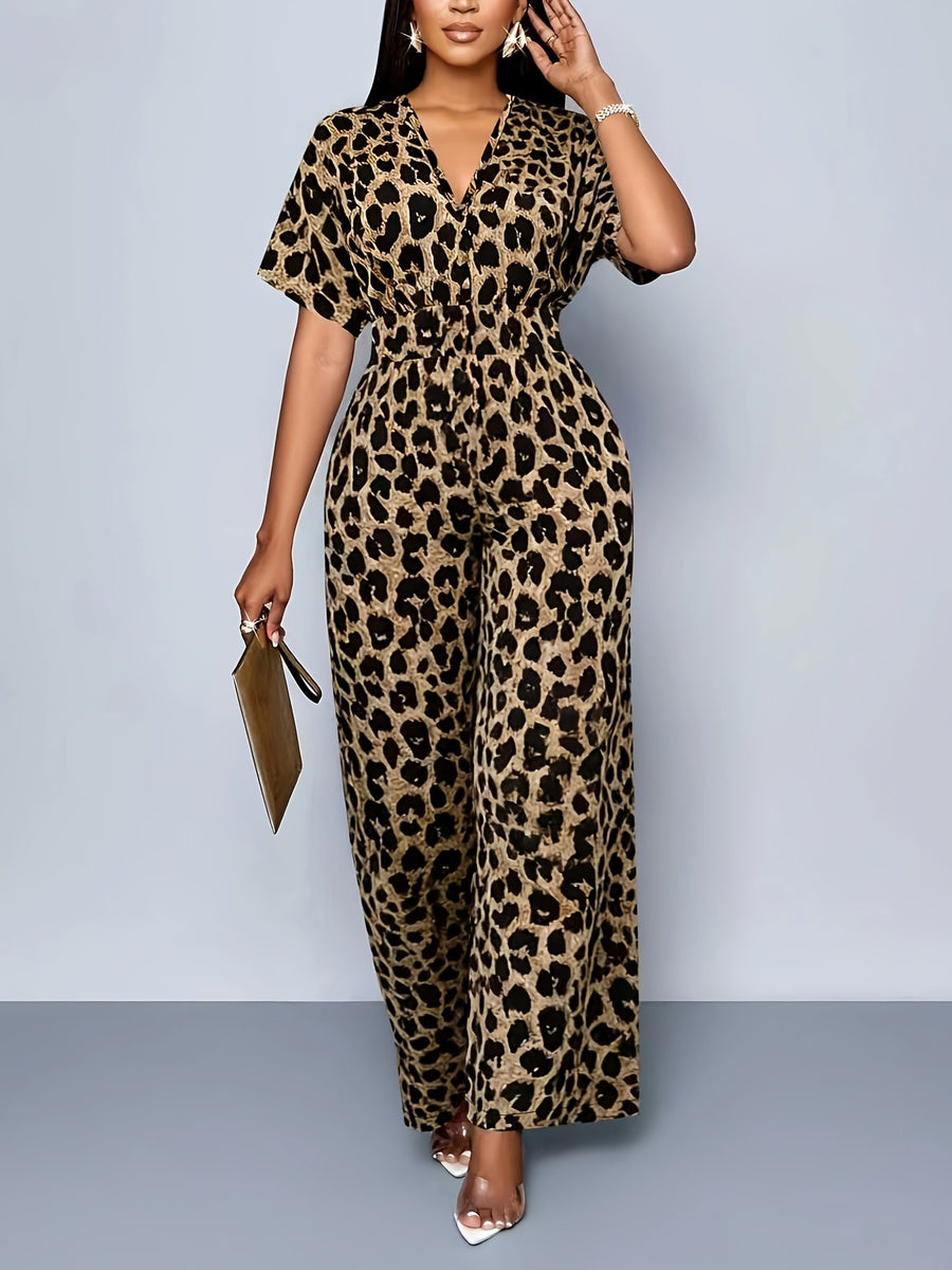 Women'S Leopard Print Batwing Sleeve Jumpsuit | Elegant V-Neck, Suitable For Spring/Summer/Fall - Leopard Print
