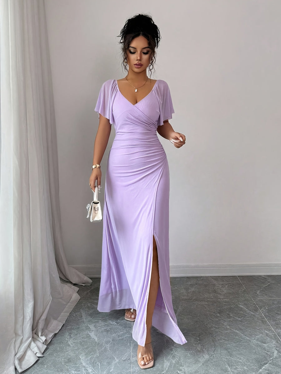 Women'S Solid Color V-Neck Ruffled Mesh Panel Waist Slit Dress, Elegant Bridesmaid Gown, Party Dress, Spring/Summer Style - Purple