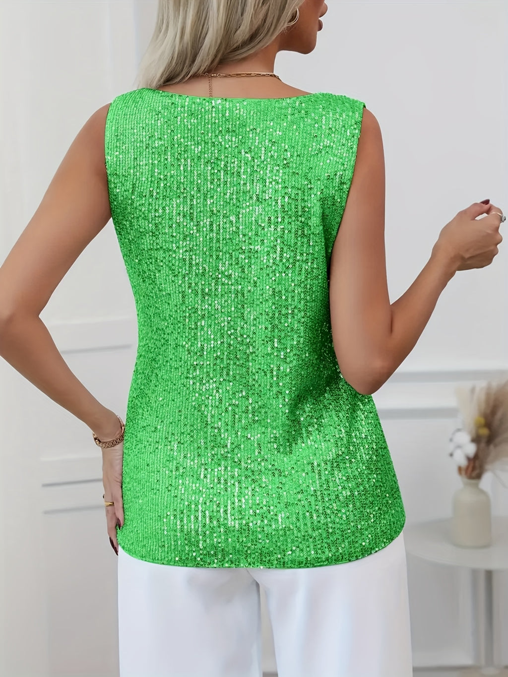 Sequin V-neck Vest, Elegant and Sexy Sleeveless Top, Suitable for Summer and Spring, Women's Clothing - Emerald Green
