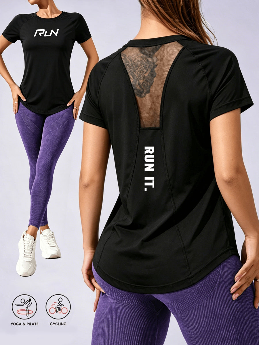 Women's Summer Mesh Breathable Short-Sleeve Quick-Dry Loose-Fit Sports T-Shirt for Fitness, Outdoor Running, and Yoga - Black 1