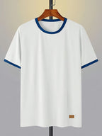 100%, Men'S Knitted Color-Block Round Neck Short-Sleeve T-Shirt, Summer Global All-Season Base Layer Factory Made Men'S Comfortable High-Fit Rate Casual Sports Contrast Patchwork Top - White Fight Blue