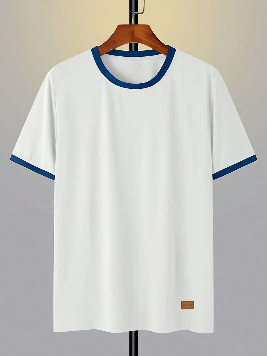 100%, Men'S Knitted Color-Block Round Neck Short-Sleeve T-Shirt, Summer Global All-Season Base Layer Factory Made Men'S Comfortable High-Fit Rate Casual Sports Contrast Patchwork Top - White Fight Blue