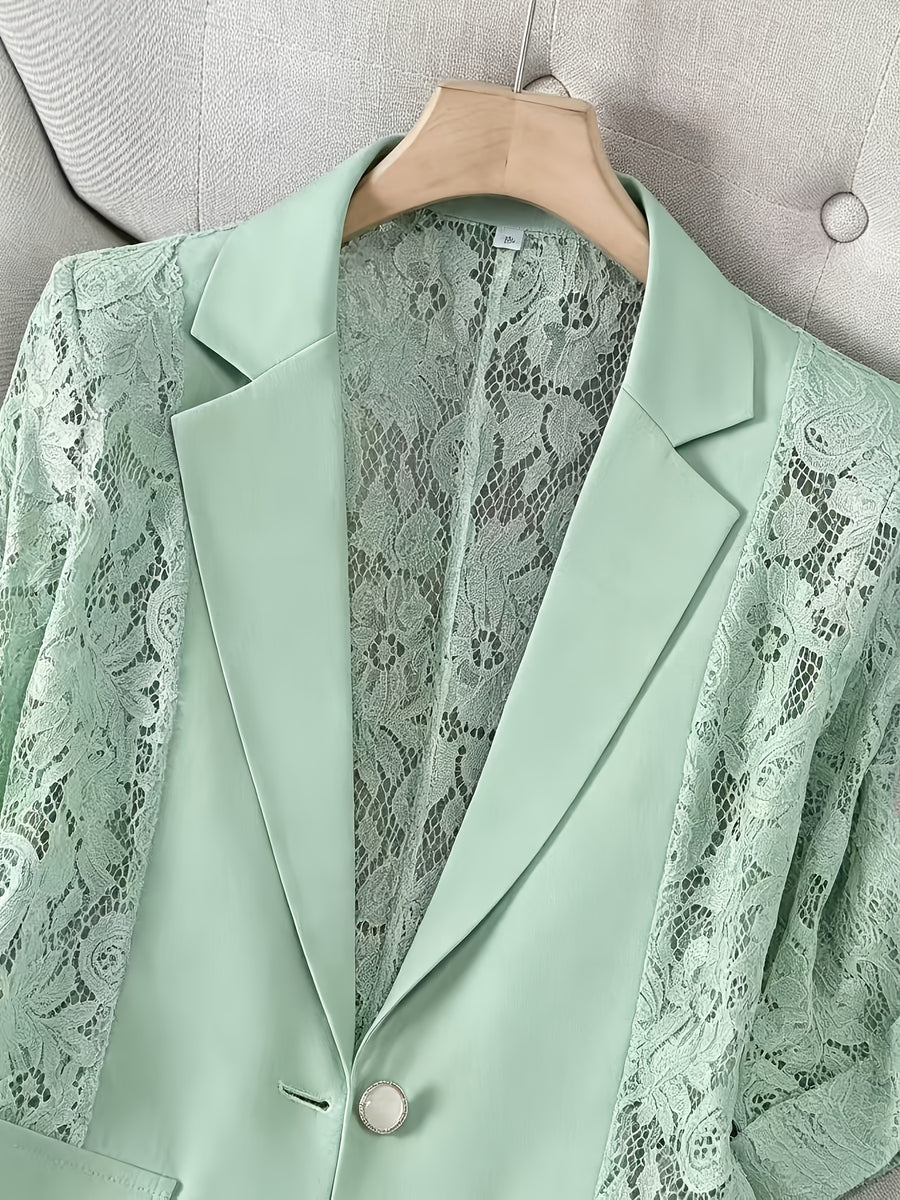 Women'S Thin Patchwork Lace Lightweight Suit Design Casual Temperament Three-Quarter Sleeve Casual Lapel Suit Top - Light Green