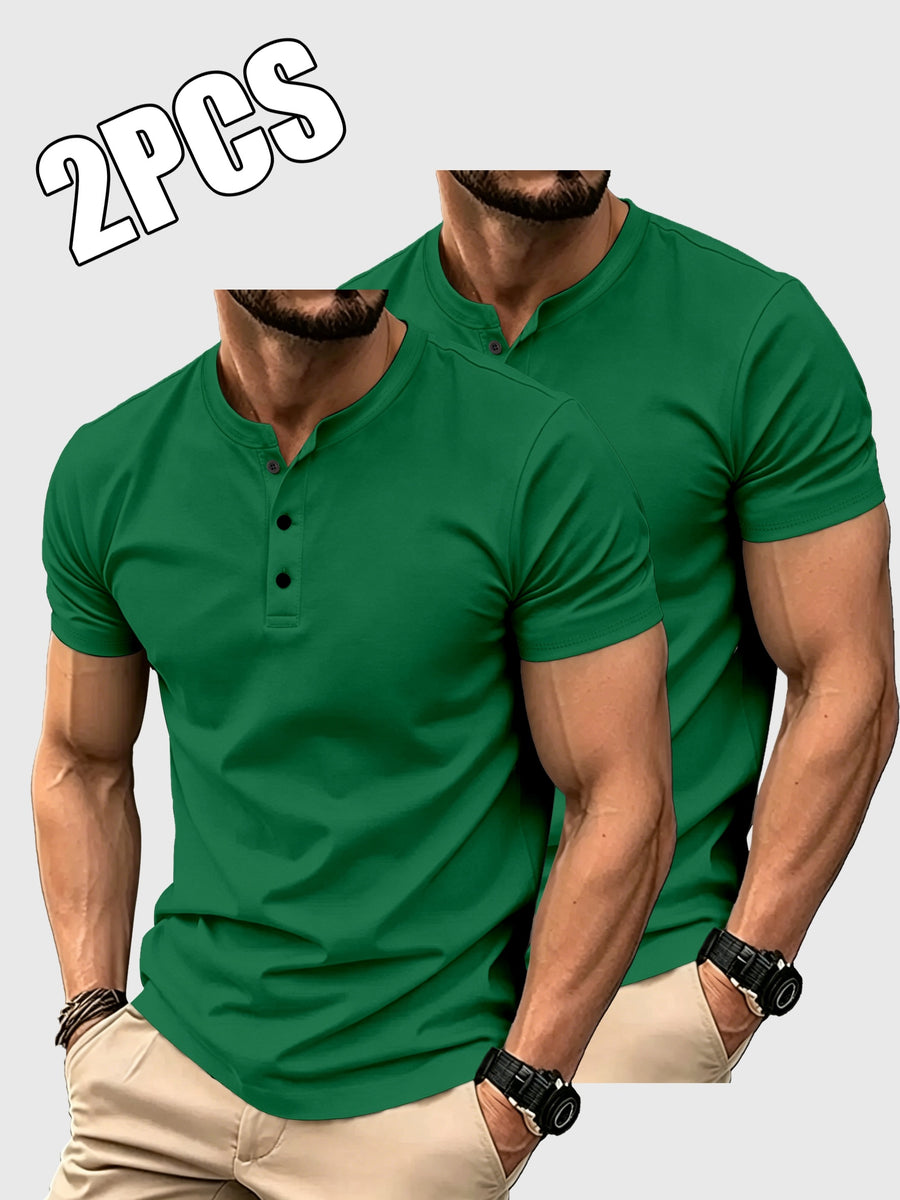 2pcs Set of Men'S Solid Color T-Shirts, Summer Classic Henley Shirts, Suitable for Casual Wear - Dark Green
