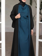 New Style Middle Eastern Muslim 2pcs Abaya Set - Women's Modest Stylish Black & Teal Contrast Long Coat & Wrap Neck Belted Dress for Ramadan Daily & Gatherings - Peacock Blue