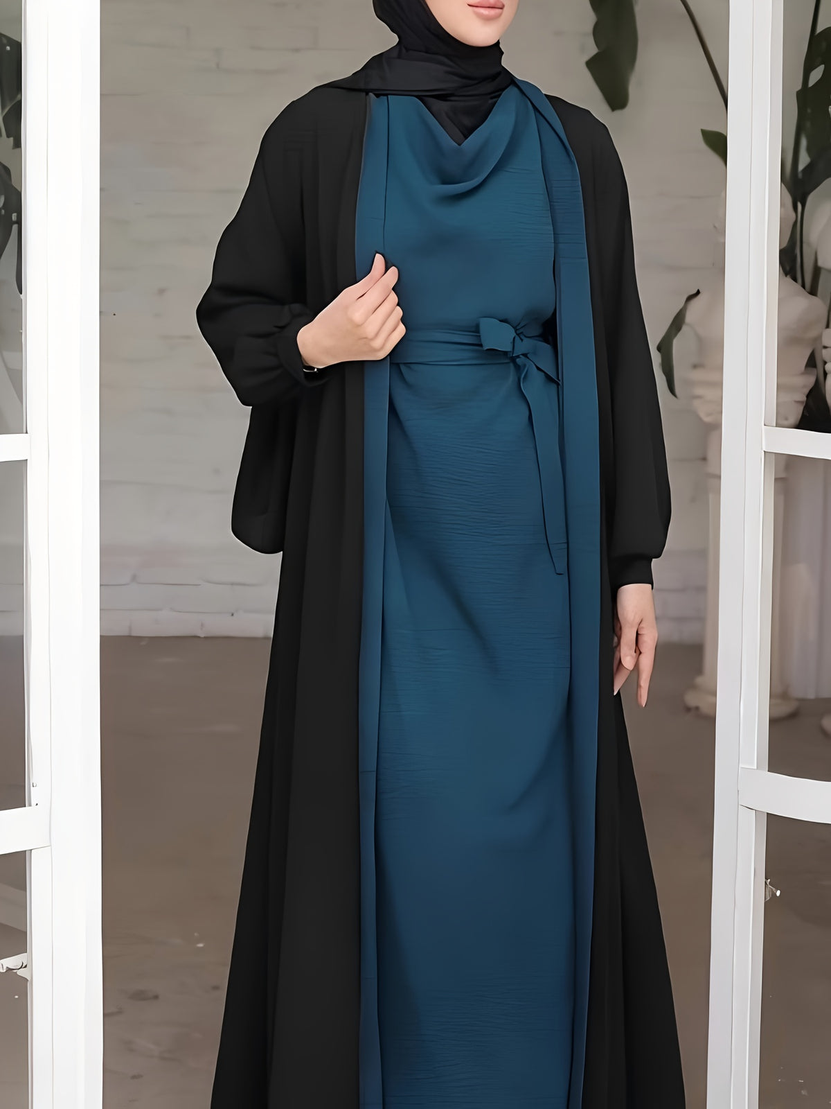 New Style Middle Eastern Muslim 2pcs Abaya Set - Women's Modest Stylish Black & Teal Contrast Long Coat & Wrap Neck Belted Dress for Ramadan Daily & Gatherings - Peacock Blue