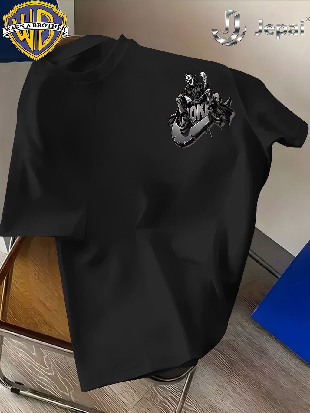 Warner Exclusive, Vintage Street Style DC Joker Themed Print Men's Summer Basic Daily Casual Short-Sleeve Top, Casual Crew Neck Shirt, Suitable for Outdoor Wear, Fitness, Office, and Daily Outfits, an Essential Item for Men's Basic Wardrobe - Black