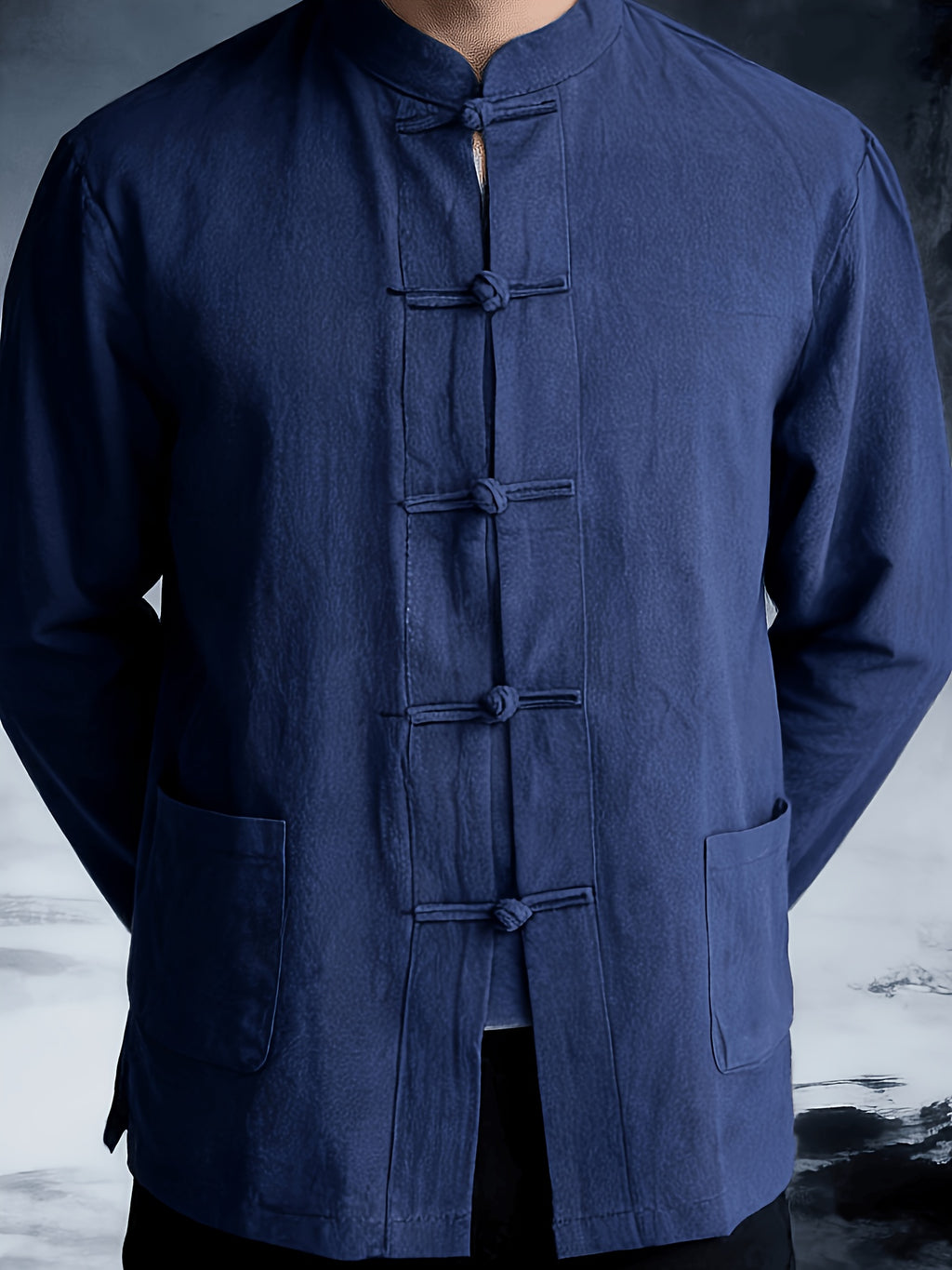 New Chinese Style Men'S Long Sleeve Shirt - And Linen Ethnic Characteristic Practice Clothes - Zen Retro Tang Style Thin Jacket (Solely Includes One Jacket) - Navy Color