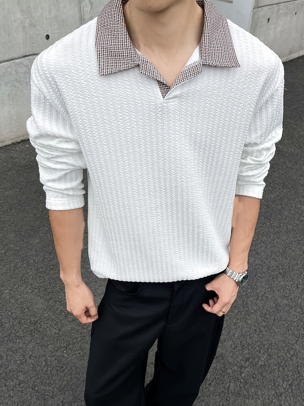 Men'S Casual Athletic T-Shirt, 1pc Men'S Fashion Trendy Casual Patchwork Lapel Long Sleeve T-Shirt, Loose Fit, Comfortable Textured Elastic Fabric, Suitable for Daily Casual Wear - White