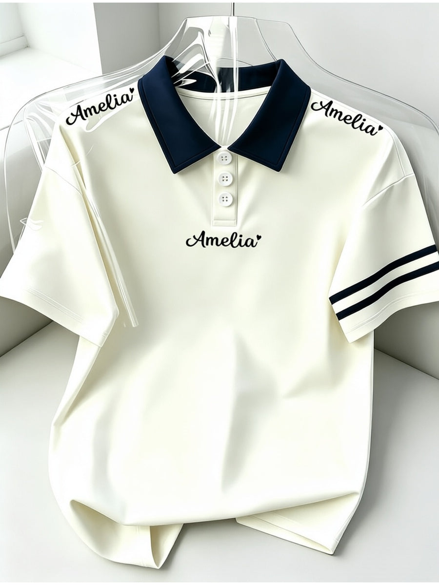 Spring/Autumn Breathable Men'S Polo Short Sleeve Contrast Collar Korean Style Floral Amelia Heart Letter Symmetrical Double Stripe Top - Apricot pin royal blue