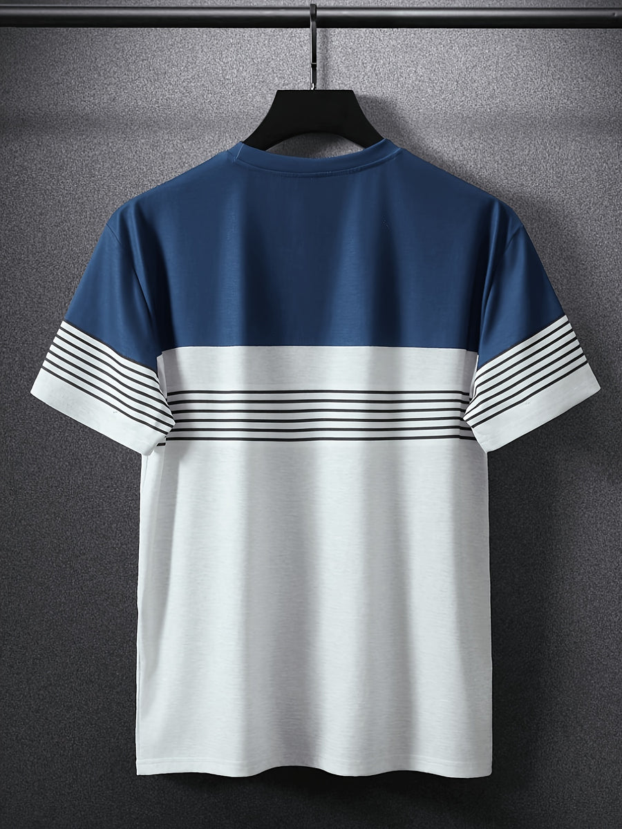 Men's Casual Crew Neck T-Shirt, Striped Pattern, All-Season Wear, Breathable Regular Fit for Daily and Formal Outfits - Gift for Teens and Adults, Outdoor Activity T-Shirt, Sporty Style - Vitality Blue