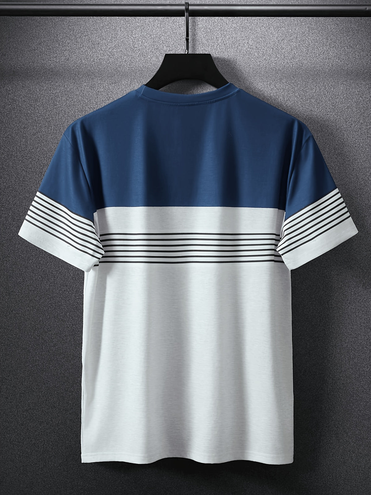 Men's Casual Crew Neck T-Shirt, Striped Pattern, All-Season Wear, Breathable Regular Fit for Daily and Formal Outfits - Gift for Teens and Adults, Outdoor Activity T-Shirt, Sporty Style - Vitality Blue