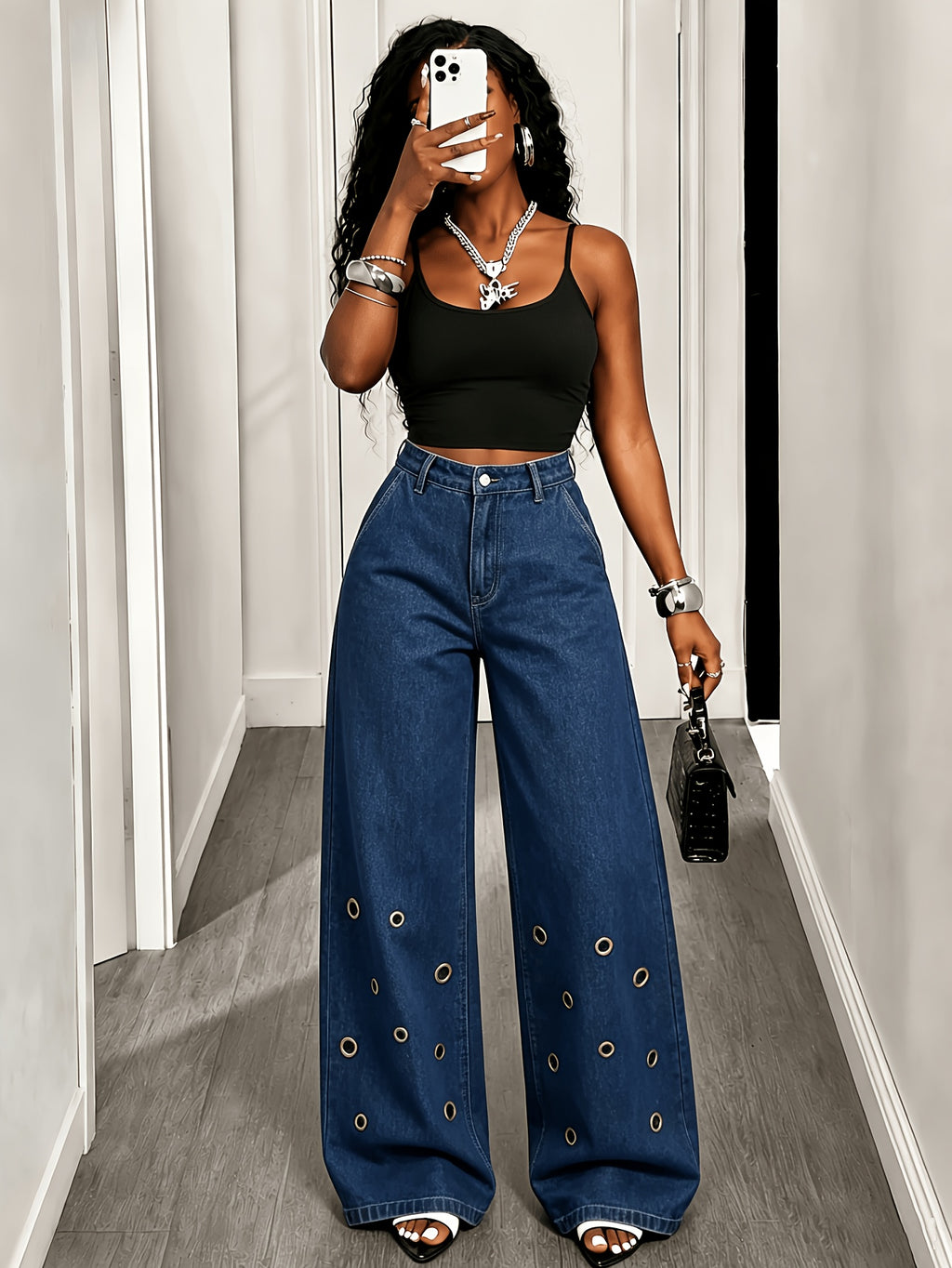 Women's High-waisted Wide-leg Jeans with Eyelet Embellishments; Featuring a Button-fly Closure and Side Pockets; Relaxed Fit with Tailored Detailing; Casual and Fashionable Style, Ideal for Streetwear, Casual Outings, Daily Wear, and Various - Blue