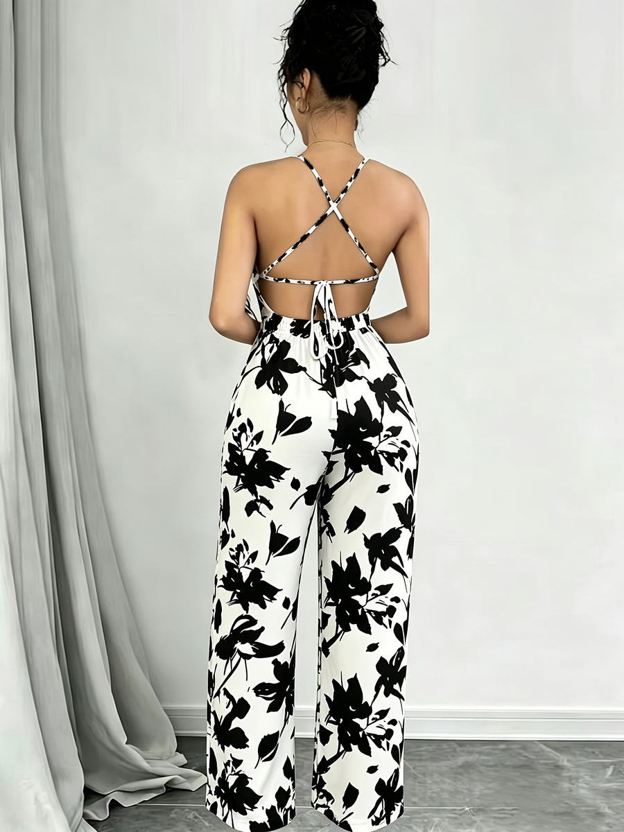 Women'S New Fashion Spring Summer Elegant Backless Casual Printed Cami Wide-Leg Jumpsuit, Vacation Matching Loose Overalls - White