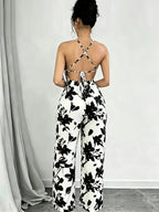 Women'S New Fashion Spring Summer Elegant Backless Casual Printed Cami Wide-Leg Jumpsuit, Vacation Matching Loose Overalls - White