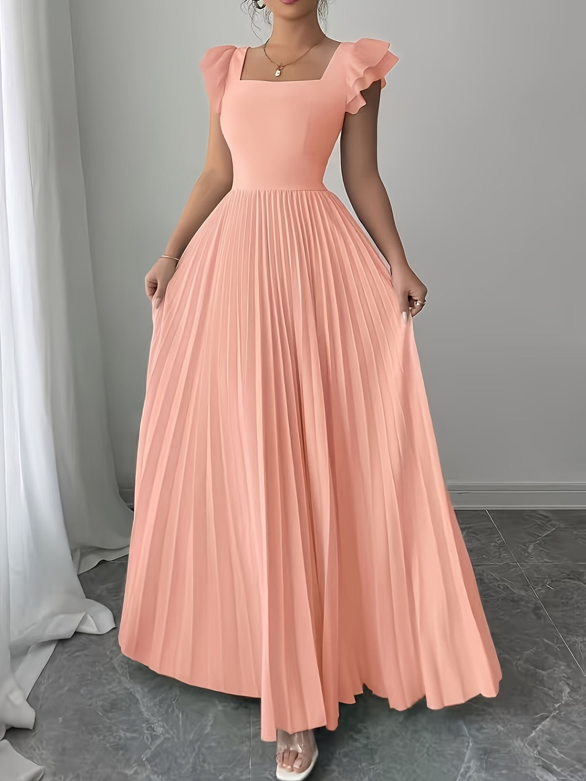 Women'S Elegant Floral Print Pleated Hem Long Dress, Summer - Orange