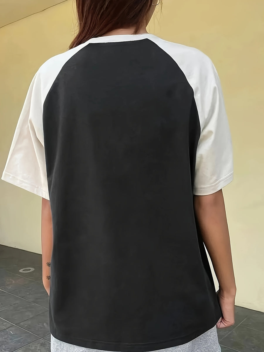 Women'S Fashion Letter Print T-Shirt, Round Neck Contrast Design, Suitable for Casual Outings - Mixed Color 1