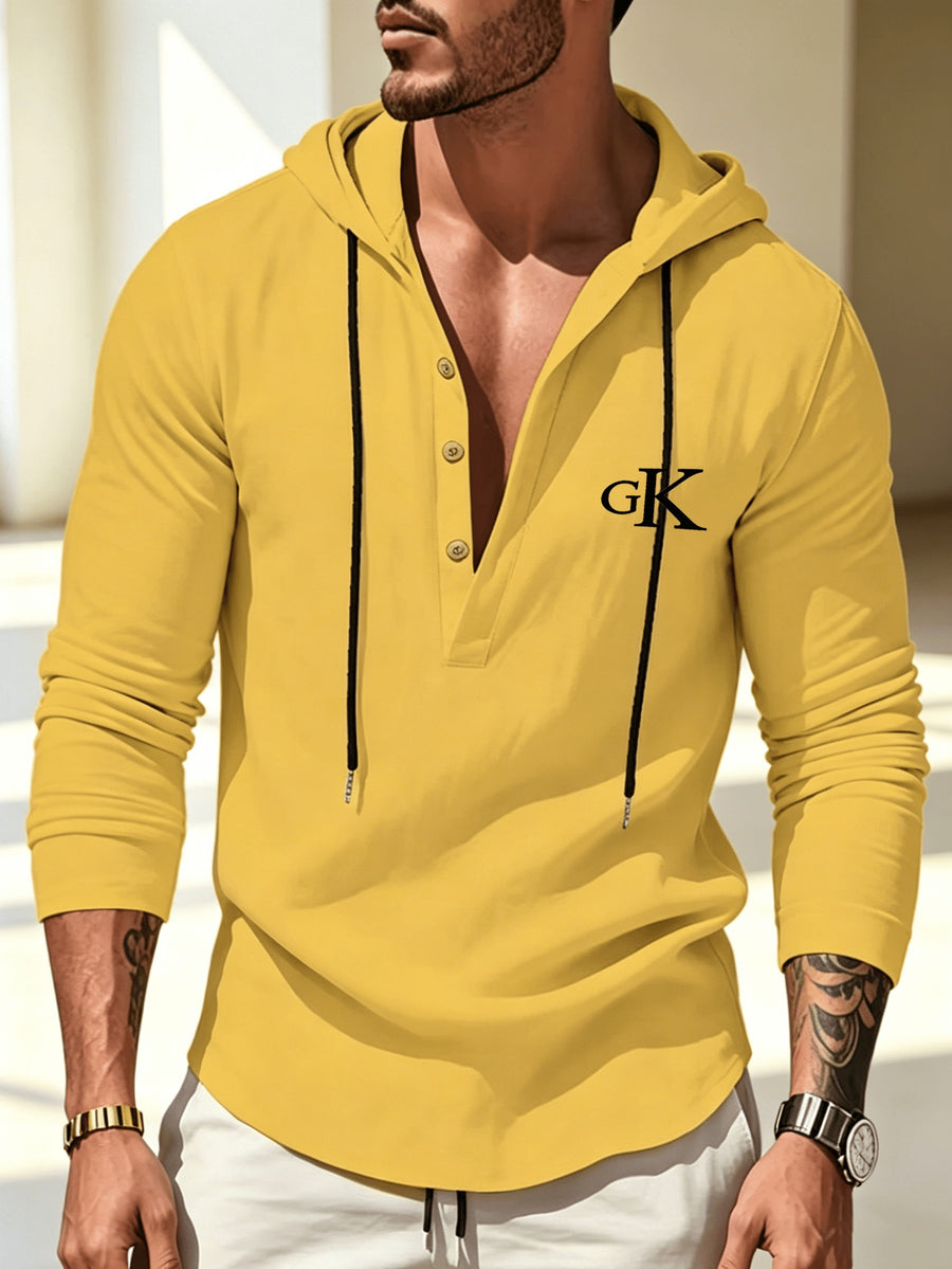Spring/Autumn Men's Solid Color Half-Zip Hooded Long-Sleeve Single-pc Top, Simple and Comfortable Letter Print Shirt, Streetwear for Outings, Visiting, and Casual Wear - Yellow