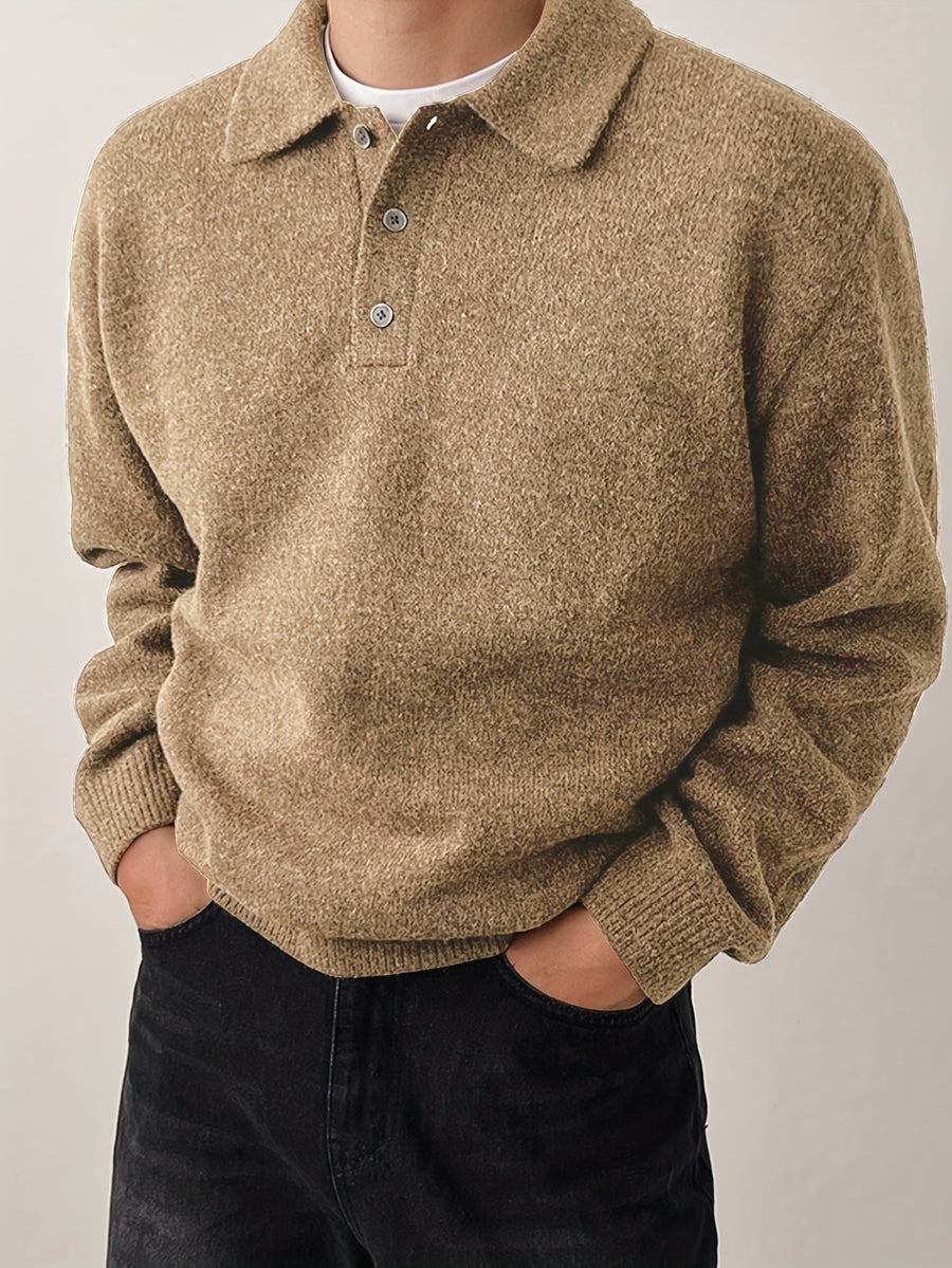 Men's POLO Collar Sweater for Autumn/Winter, Lazy-Style High-End Winter Pullover, Inner Layer Base Top, Lapel Knit Outerwear, Thick Jacket - Yellow Brown