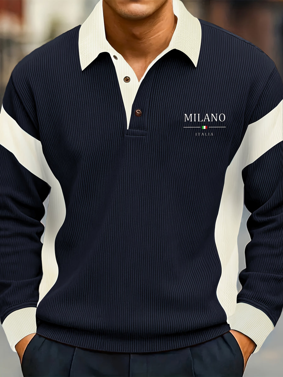 Pearson OBM Spring/Autumn Men's New Chic Color-Block Printed Lapel Polo Shirt, Versatile and Stylish, Suitable for Daily Casual Wear and Various Outdoor Occasions - Navy Blue-M