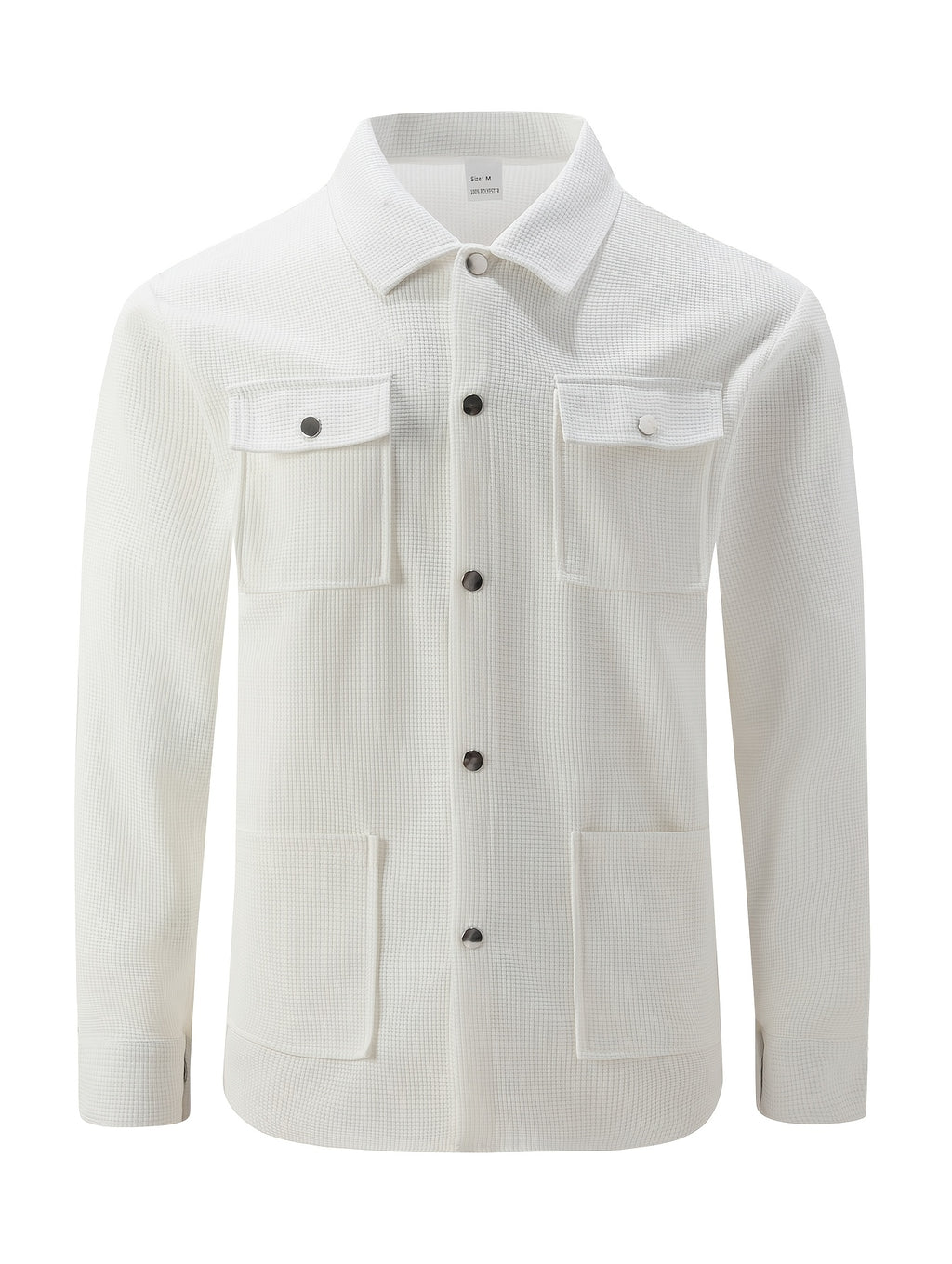 Mens Textured Waffle Shacket Collar Button Front Multi Pocket Long Sleeve Outerwear Top - White