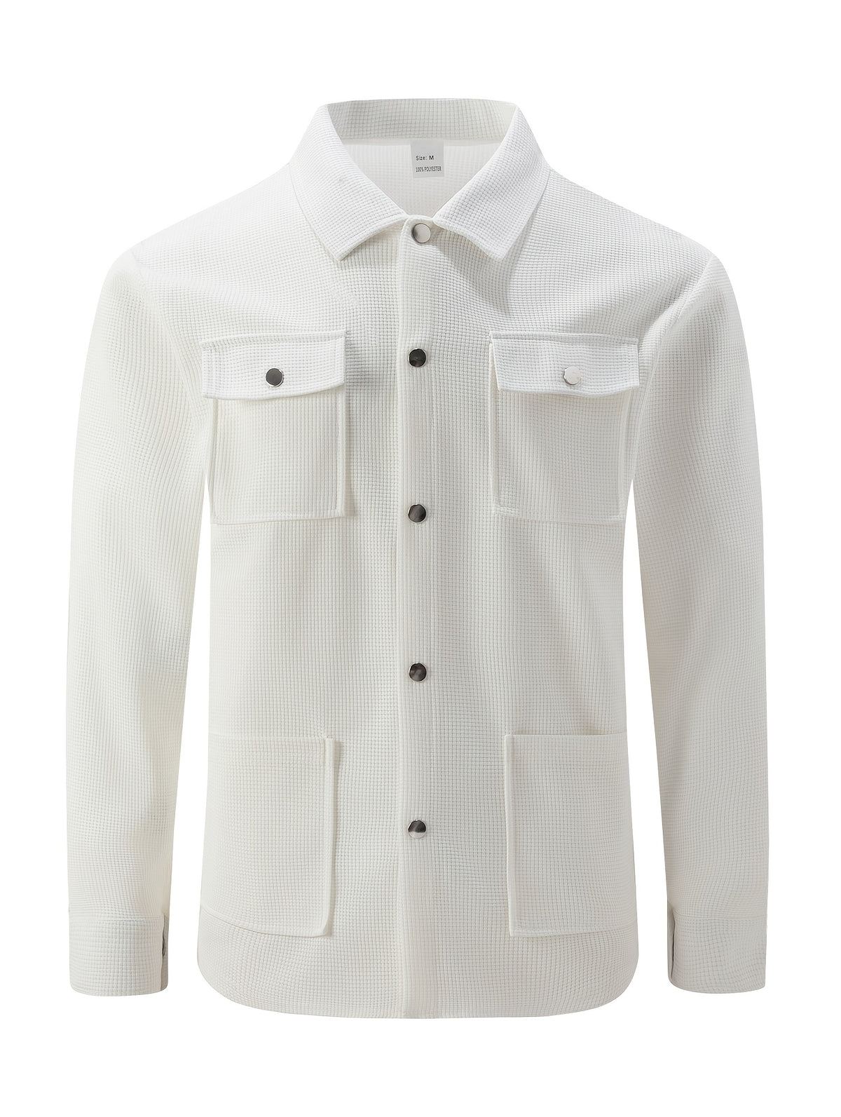 Mens Textured Waffle Shacket Collar Button Front Multi Pocket Long Sleeve Outerwear Top - White