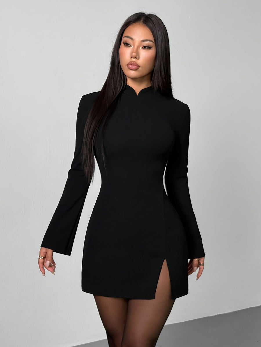 Vintage Stand Collar Flared Sleeve Elegant Dress for Valentine's Day Dates and Parties - Black