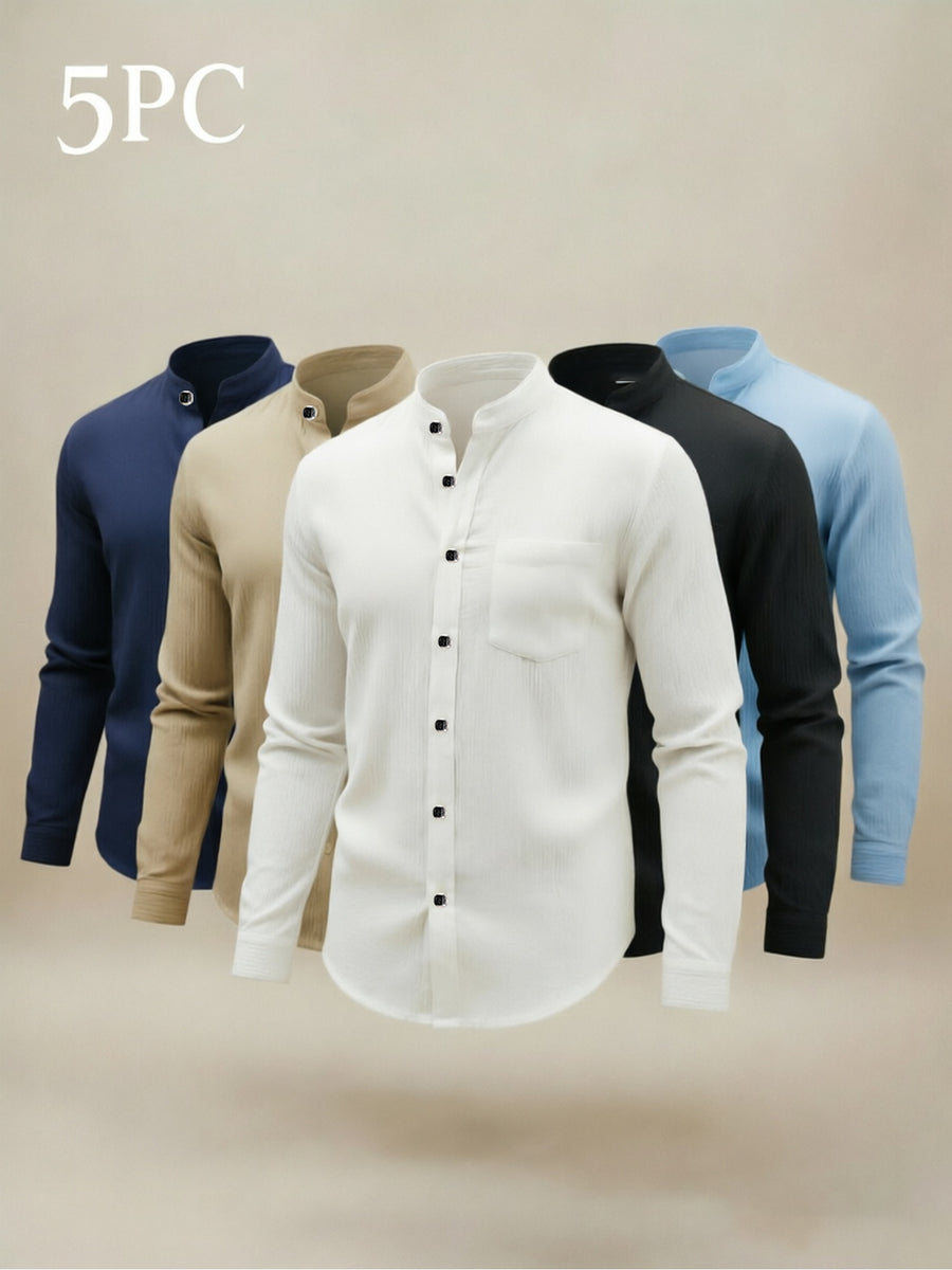5pcs Men's  Long-Sleeve Shirts - Lightweight and Breathable Fabric with Pockets, Suitable for Summer Outdoor Walks and Vacation Wear, Ideal Gift, Casual Style, Durable Construction, Essential Travel Set - Mixed colors
