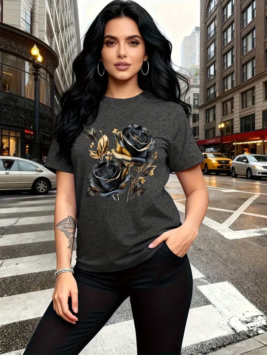 A Stylish And Breathable T-Shirt Featuring a Luxurious Vintage Design with a Black And Golden Rose Pattern, Perfect for Family Trips, Campus Events, Casual, Daily Commutes, Matching Outfits for Sisters, And Versatile Wear - Dark Gray