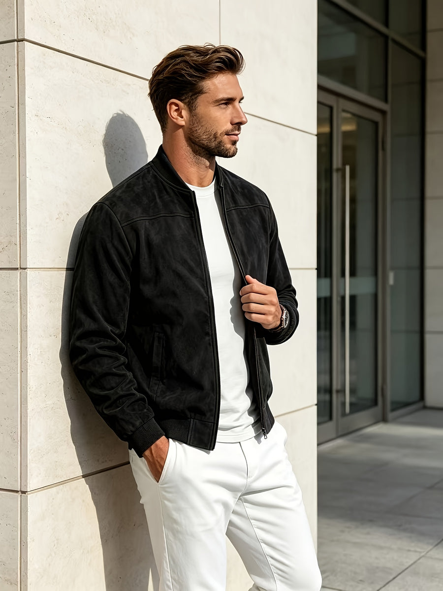 2026 New Men's Baseball Collar Jacket, Autumn Casual Zip-Up Outerwear, Loose Versatile Pilot Top - Black