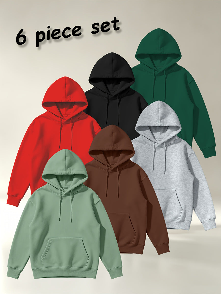 [Villa Joy Water OBM] 6pcs Set Solid Color Basic Hooded Sweatshirt Set Unisex Multi-Color Loose Pullover with Kangaroo Pocket Basic Style Autumn Winter Hoodie Combination - Light Green + Brown + Light Gray + Red + Black + Dark Green