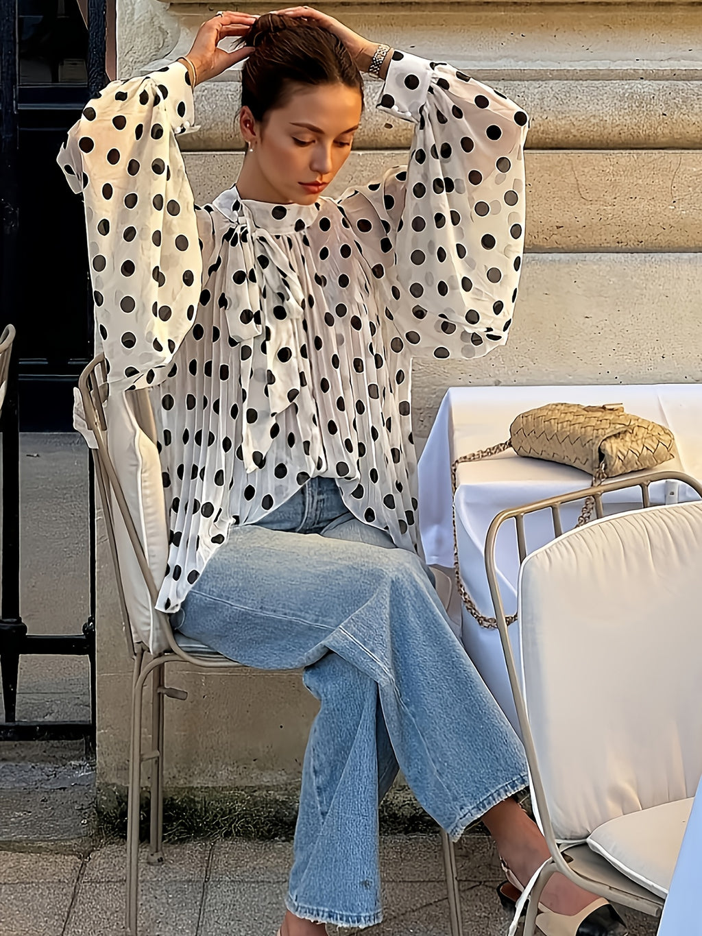 Fashionable Spring/Summer Elegant Casual Semi-Sheer Polka Dot Pattern Shirt Bow Tie Collar Lantern Sleeve Loose Fit Women'S Shirt - White