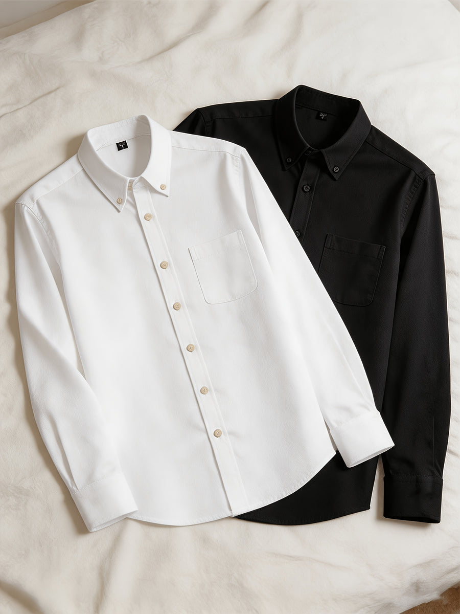 1+1 2pcs Classic Men's Oxford Plain Color Shirt, Long Sleeve Spring/Autumn Pocket Lapel Shirt for Casual Daily Outings - White+black