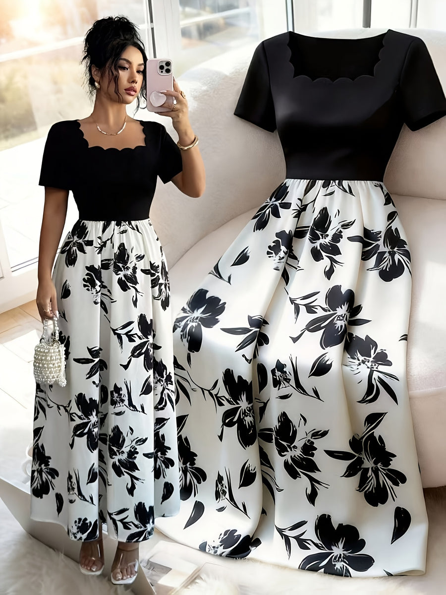 Women'S Elegant Wavy Trim Square Neck Short Sleeve Waist-Cinching Maxi Dress - White