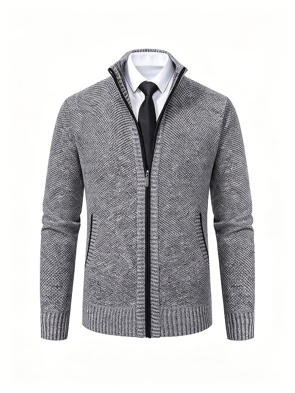 Men's Stand Collar Zip Up Knitted Cardigan Jacket, Casual Business Long Sleeve Sweater Coat with Pockets, Fall Winter Thick Warm Knit Outerwear for Men - Light Grey